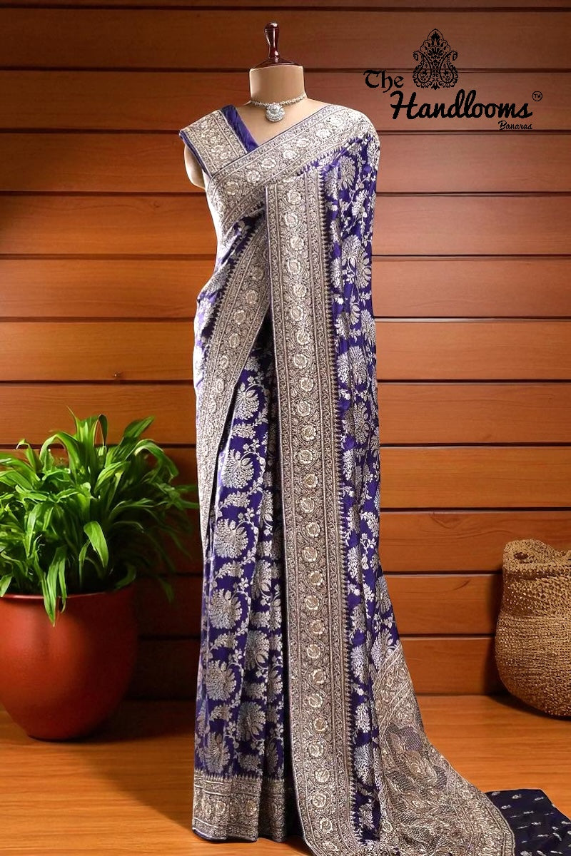 Pure Katan Silk Banarasi Handloom Saree with Zardozi Gota Patti Handwork - The Handlooms