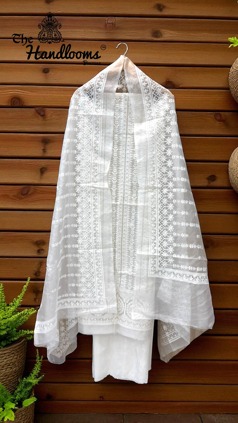 Pure Organza Banarasi Chikankari 3-Piece Suit - The Handlooms
