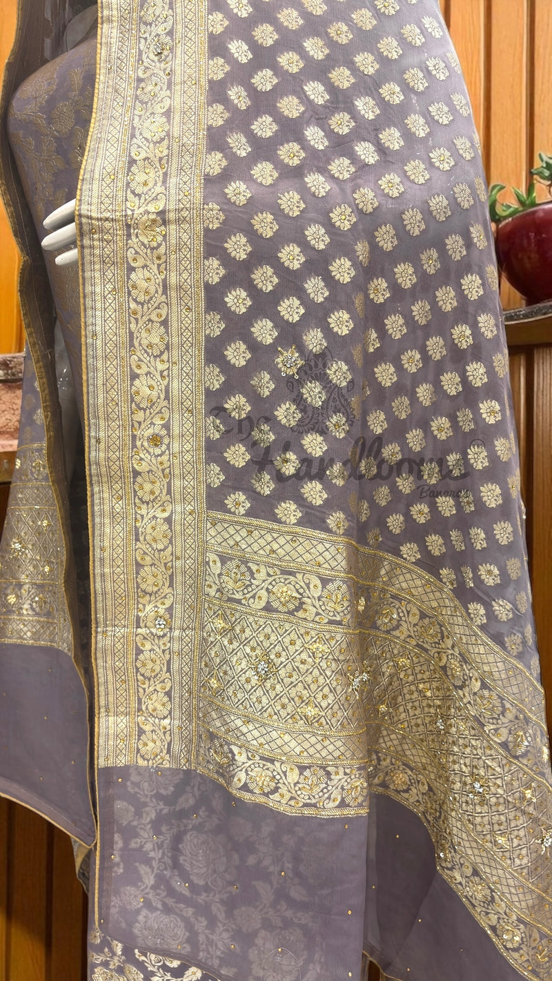 Pure Khaddi Georgette Handloom Banarasi Dress Material With Katdana,Zardozi,Stone,Diamond,Dapka - The Handlooms