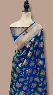 German Blue Pure Katan Silk Banarasi Handloom Saree - All over Jaal work - The Handlooms