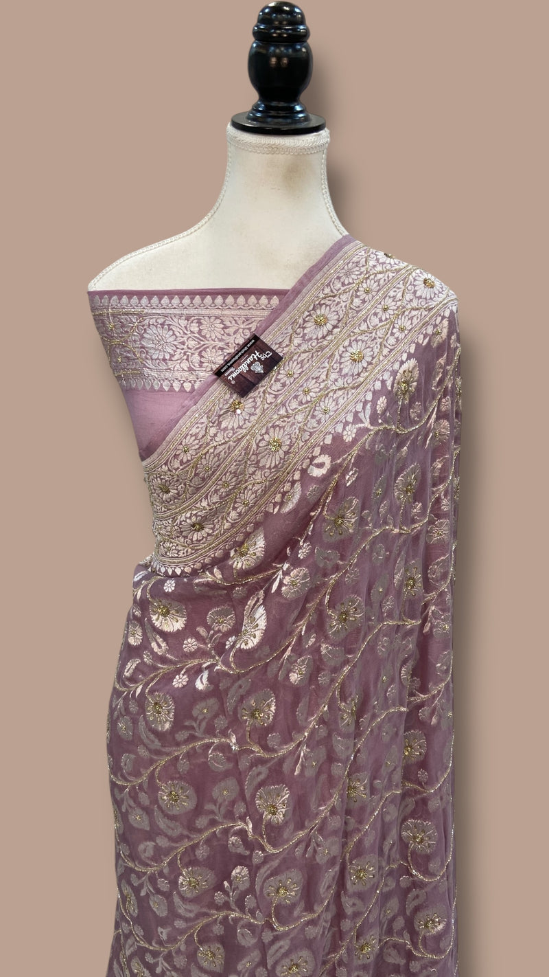 Khaddi Georgette Handloom Banarasi Saree with Handwork: Gota Patti, Zardozi, Diamond Chain, Katdana, and Abla Detailing - The Handlooms