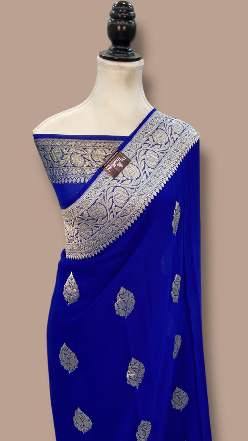 Royal Blue Pure Georgette Banarasi Handloom Saree - The Handlooms