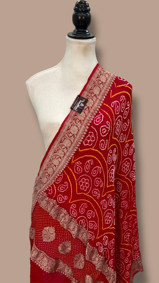 Pure Georgette Banarasi Bandhej Handloom Dupatta - Water Zari - The Handlooms