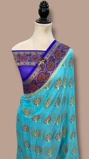 Aqua Blue Pure Chiffon Khaddi Banarasi Saree - The Handlooms