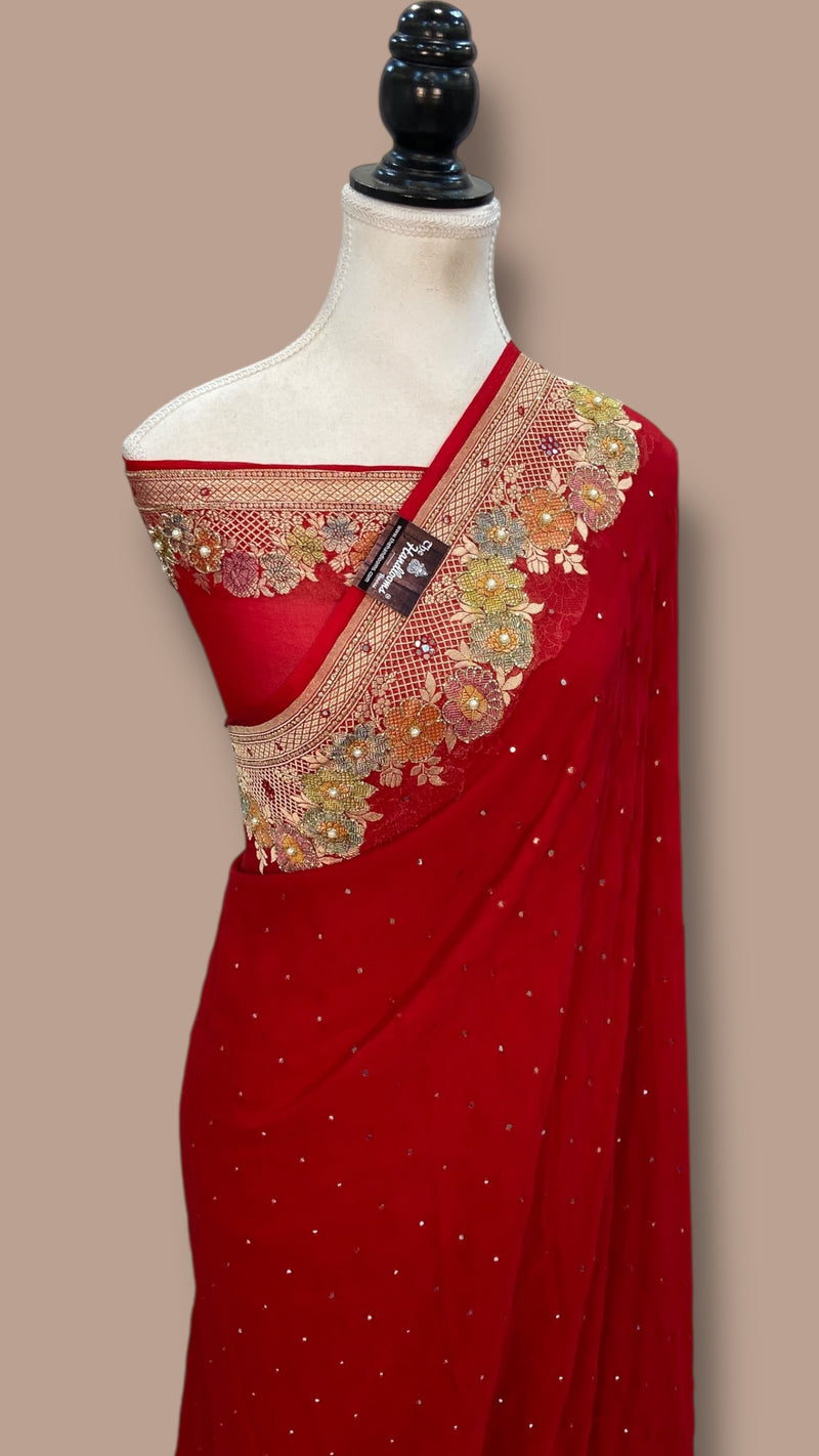Red Khaddi Georgette Handloom Banarasi Saree with Handwork: Gota Patti, Zardozi, Diamond Chain, Katdana, and Abla Detailing - The Handlooms