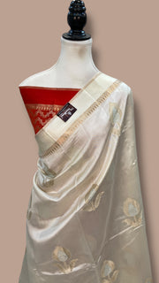White Pure Mango Silk Banarasi Handloom Saree - The Handlooms