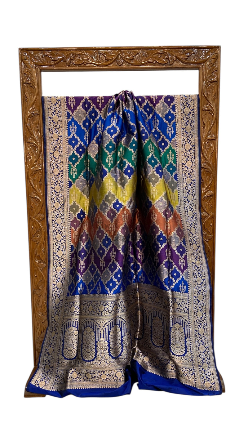 Multicolor Pure Katan Silk Banarasi Handloom Saree - All over Jaal Work With Rangkart - The Handlooms