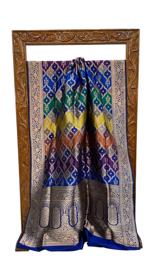 Multicolor Pure Katan Silk Banarasi Handloom Saree - All over Jaal Work With Rangkart - The Handlooms