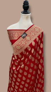 Red Pure Katan Silk Banarasi Handloom Saree - All Over Boota With Zardosi Handwork - The Handlooms