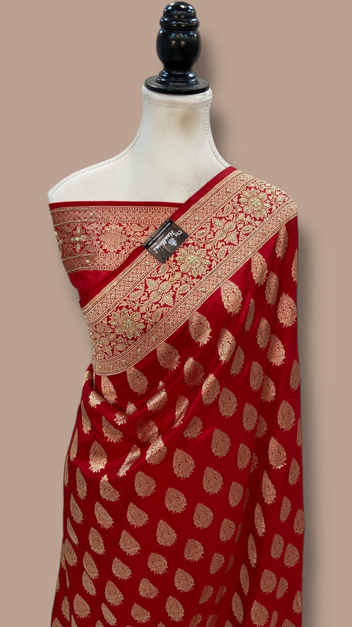 Red Pure Katan Silk Banarasi Handloom Saree - All Over Boota With Zardosi Handwork - The Handlooms