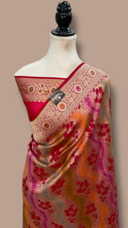 Multicolor Pure Katan Silk Banarasi Handloom Saree - All over Jaal Work With Rangkart - The Handlooms