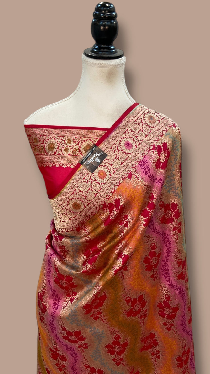 Multicolor Pure Katan Silk Banarasi Handloom Saree - All over Jaal Work With Rangkart - The Handlooms