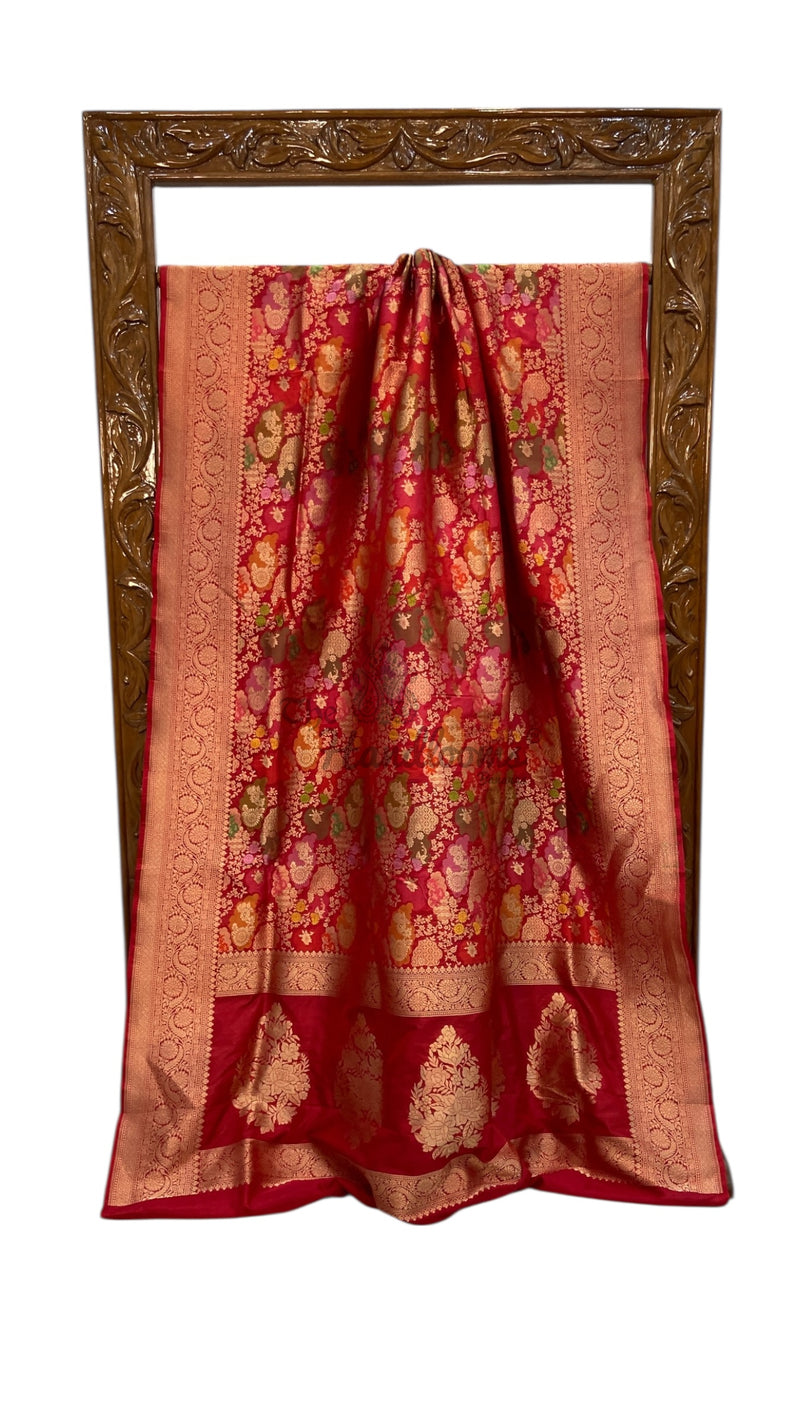 Multicolor Pure Katan Silk Banarasi Handloom Saree - All over Jaal Work With Rangkart - The Handlooms