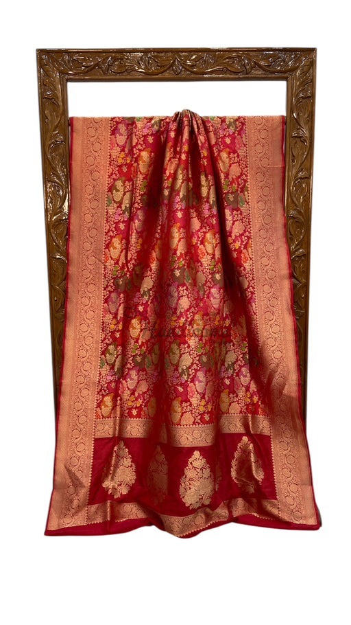 Multicolor Pure Katan Silk Banarasi Handloom Saree - All over Jaal Work With Rangkart - The Handlooms