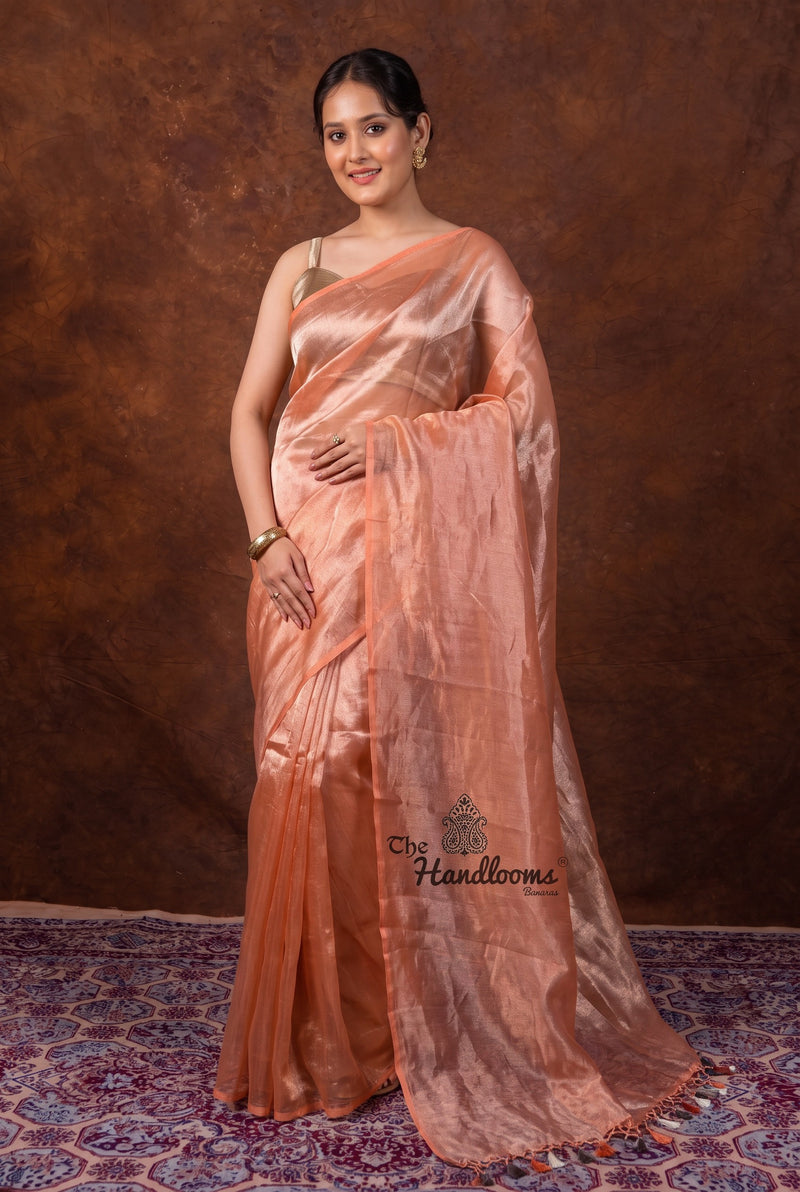 Orange Pure Kora Tissue Handloom Banarasi Saree - Plain