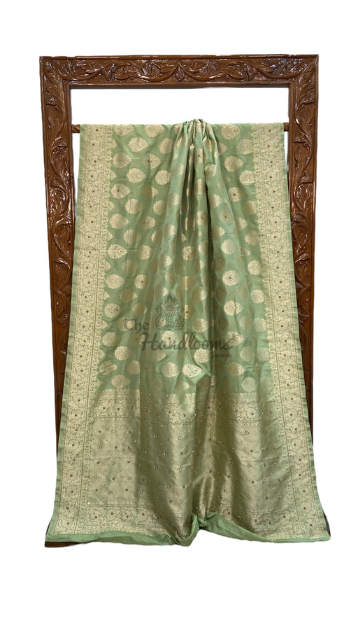 Pista Pure Katan Silk Banarasi Handloom Saree - All Over Boota With Zardosi Handwork - The Handlooms