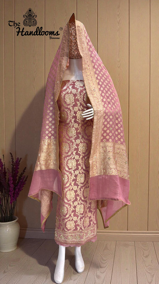 Pure Khaddi Georgette Handloom Banarasi Dress Material With Katdana,Zardozi,Stone,Diamond,Dapka - The Handlooms