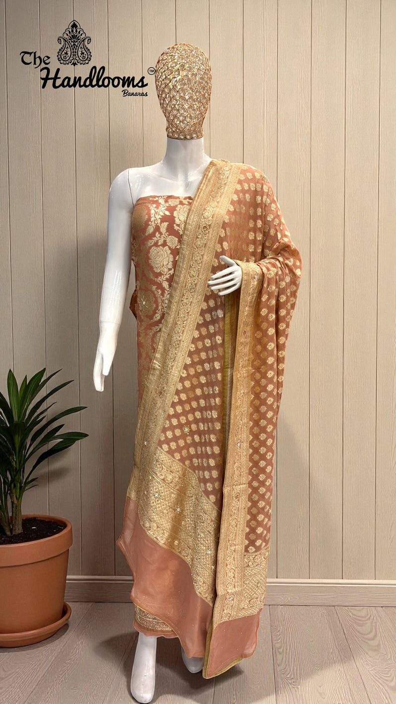 Pure Khaddi Georgette Handloom Banarasi Dress Material With Katdana,Zardozi,Stone,Diamond,Dapka - The Handlooms