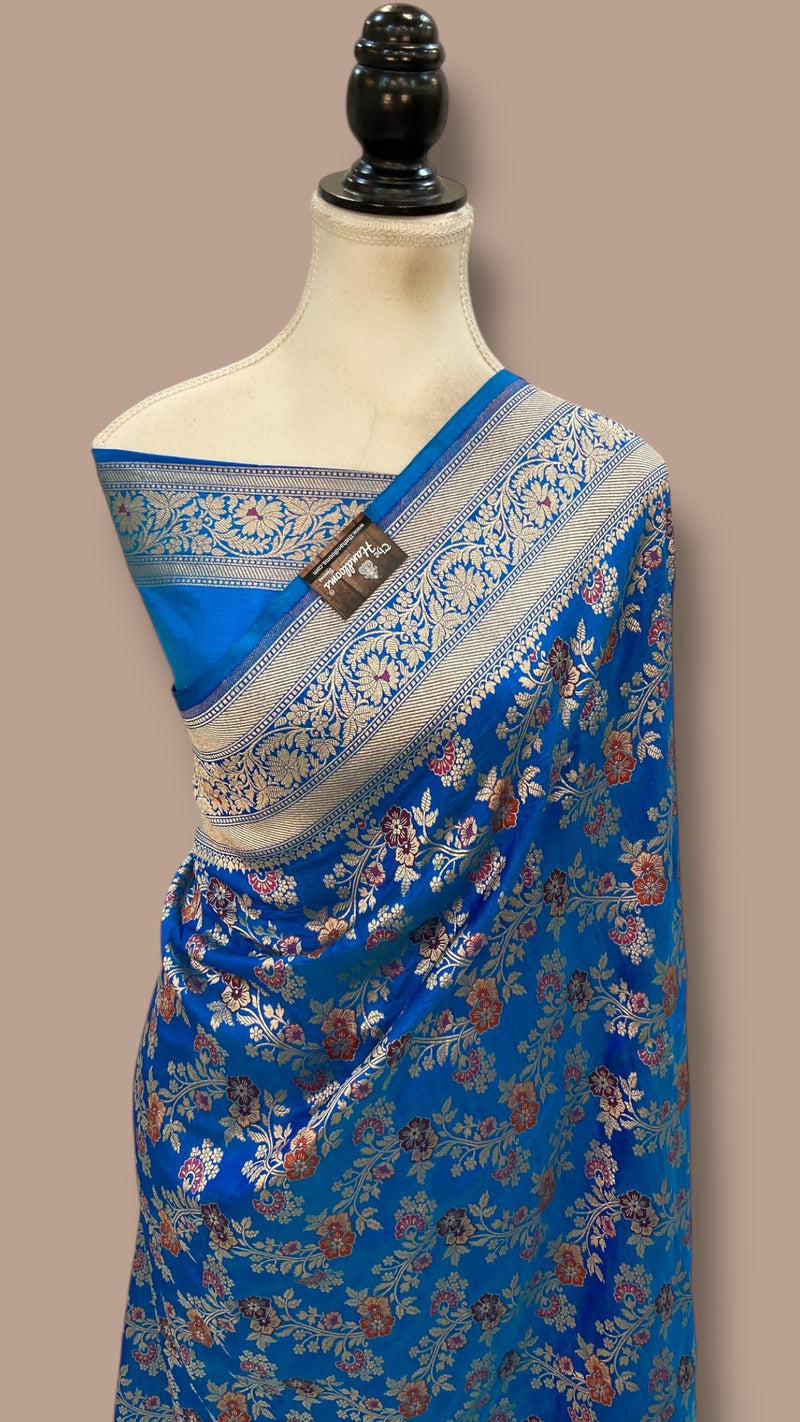 Blue Pure Katan Silk Banarasi Handloom Saree - All over Jaal Work With Meenakari - The Handlooms