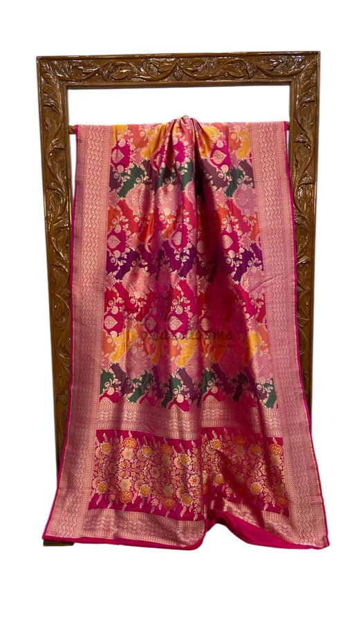 Multicolor Pure Katan Silk Banarasi Handloom Saree - All over Jaal Work With Rangkart - The Handlooms