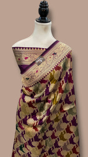 Multicolor Pure Katan Silk Banarasi Handloom Saree - All over Jaal Work With Rangkart - The Handlooms