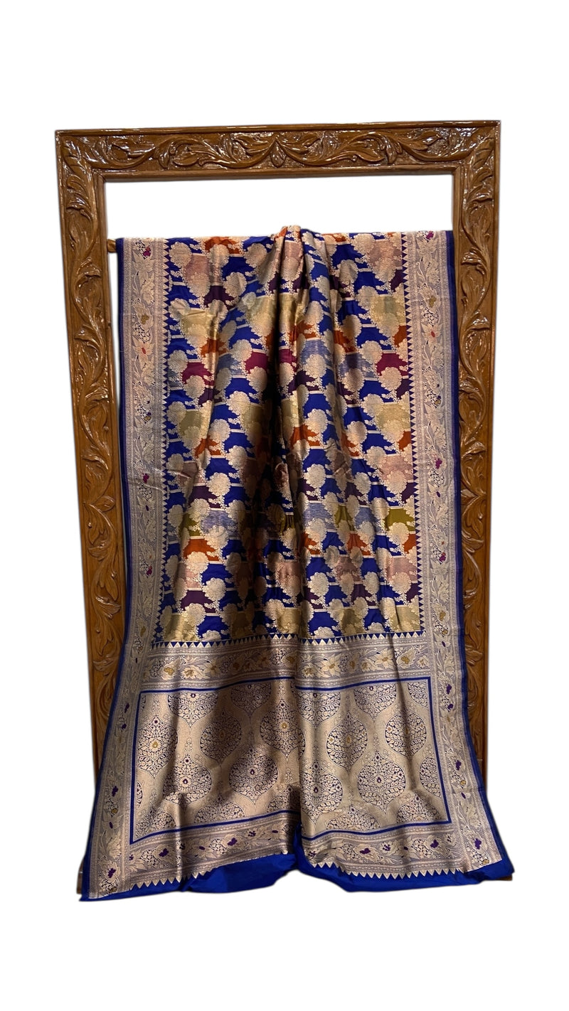 Multicolor Pure Katan Silk Banarasi Handloom Saree - All over Jaal Work With Rangkart - The Handlooms