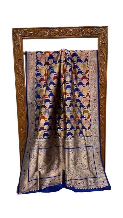 Multicolor Pure Katan Silk Banarasi Handloom Saree - All over Jaal Work With Rangkart - The Handlooms