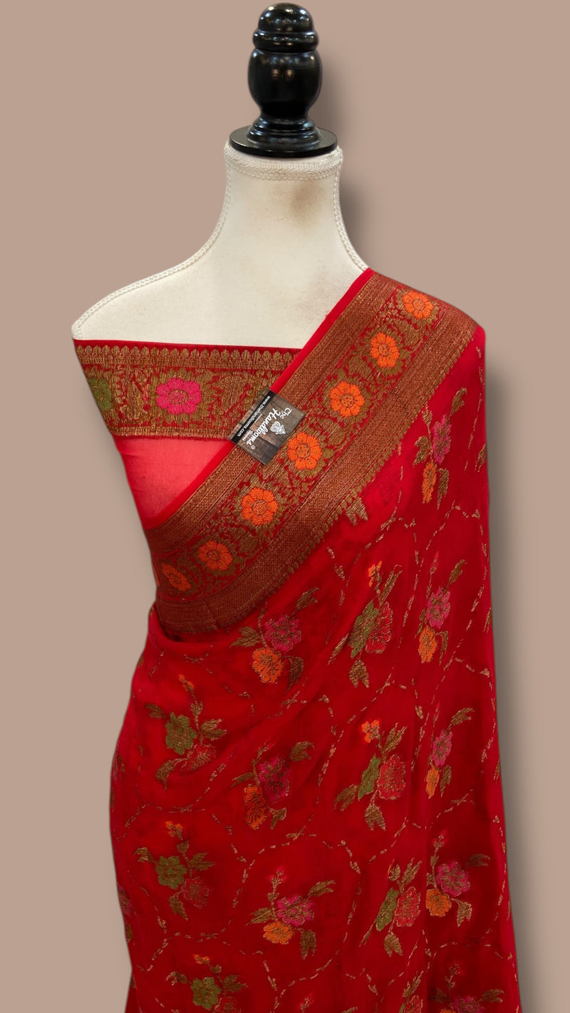 Red Pure Chiffon Khaddi Banarasi Saree - The Handlooms