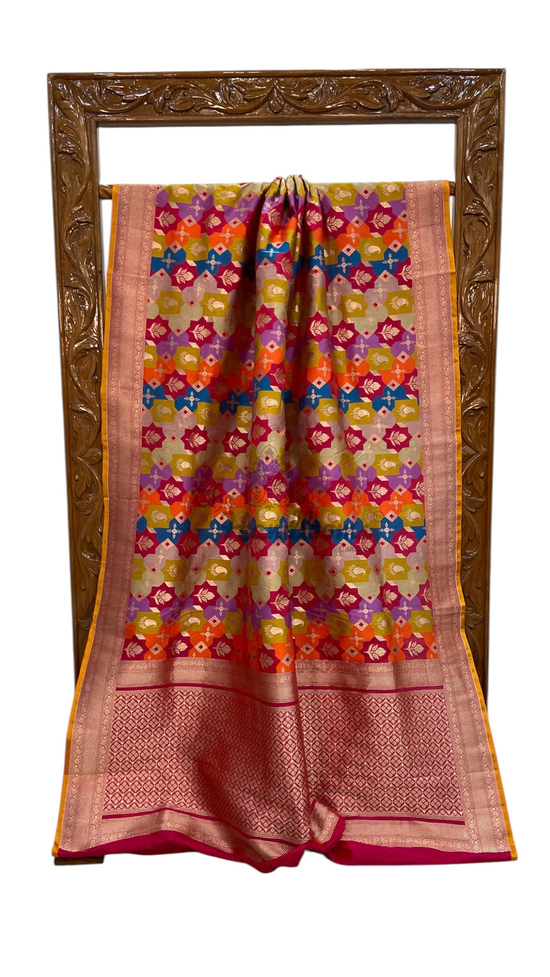 Multicolor Pure Katan Silk Banarasi Handloom Saree - All over Jaal Work With Rangkart - The Handlooms