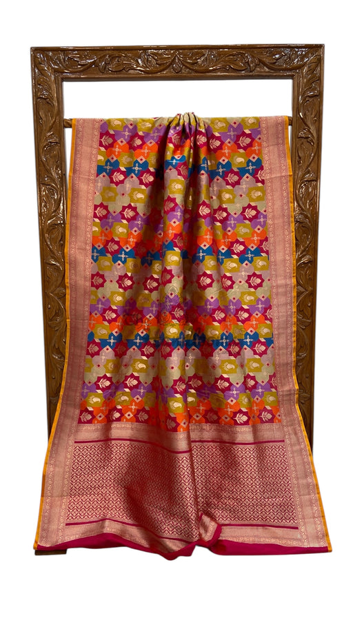 Multicolor Pure Katan Silk Banarasi Handloom Saree - All over Jaal Work With Rangkart - The Handlooms