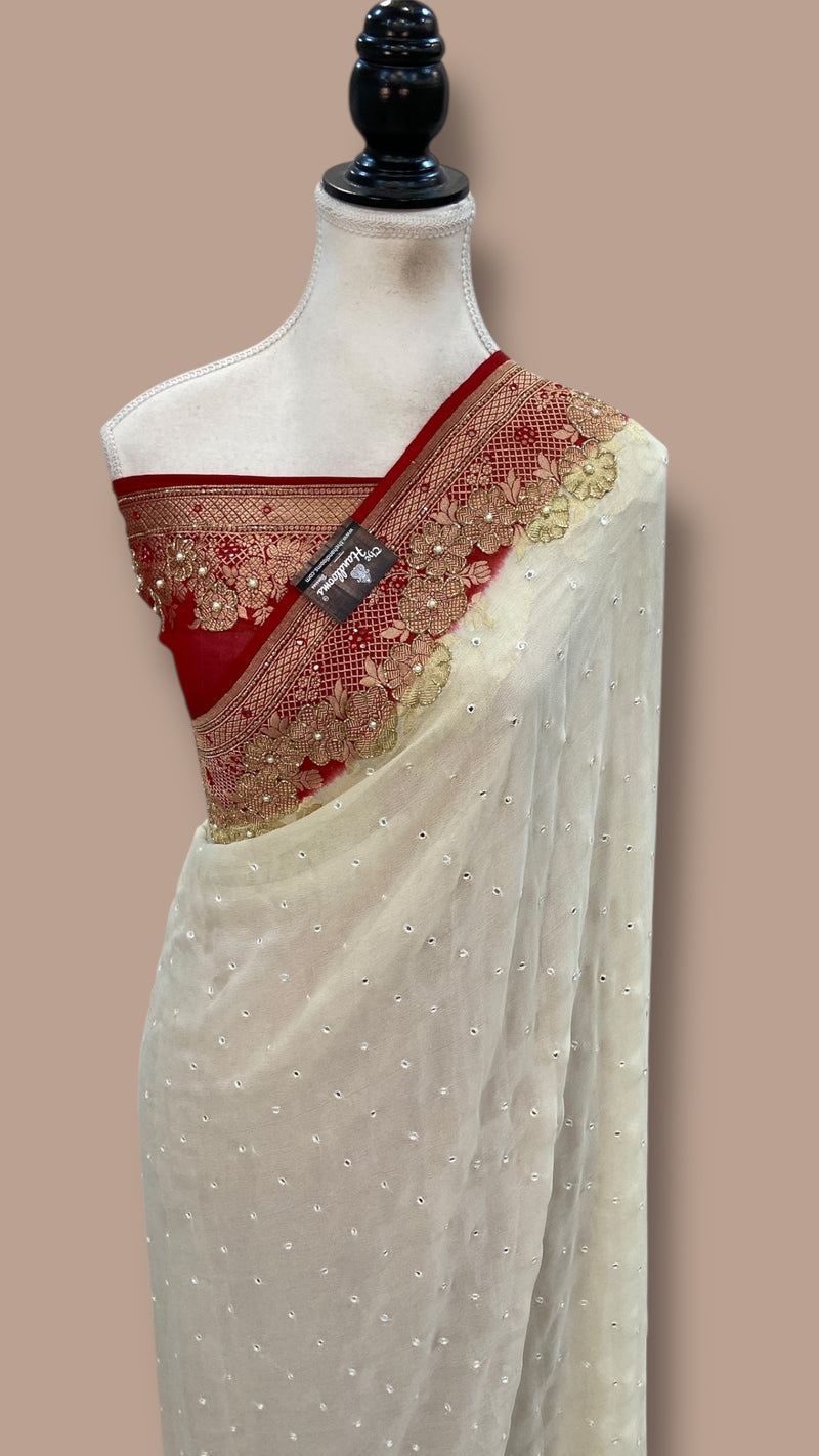 Khaddi Georgette Handloom Banarasi Saree with Handwork: Gota Patti, Zardozi, Diamond Chain, Katdana, and Abla Detailing - The Handlooms