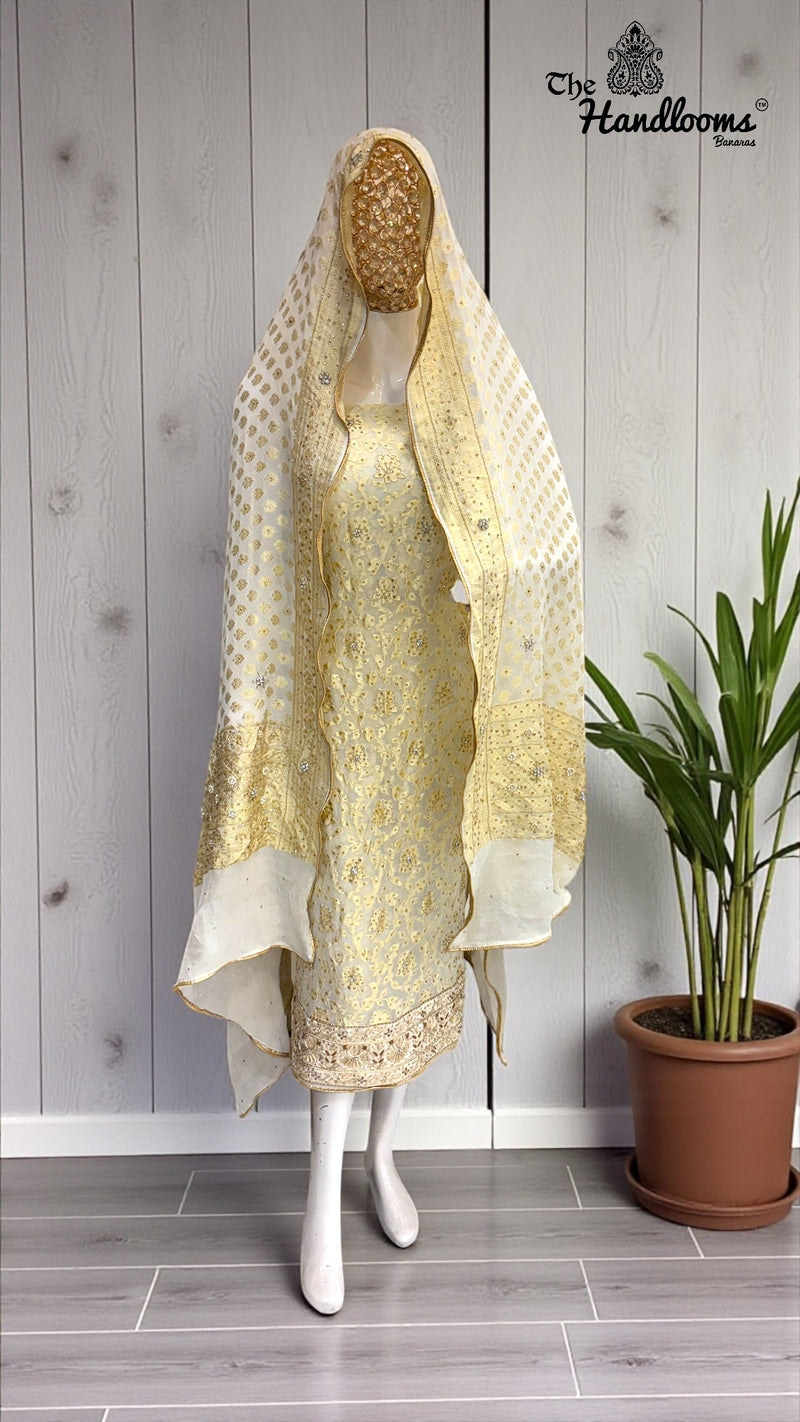 Pure Khaddi Georgette Handloom Banarasi Dress Material With Katdana,Zardozi,Stone,Diamond,Dapka