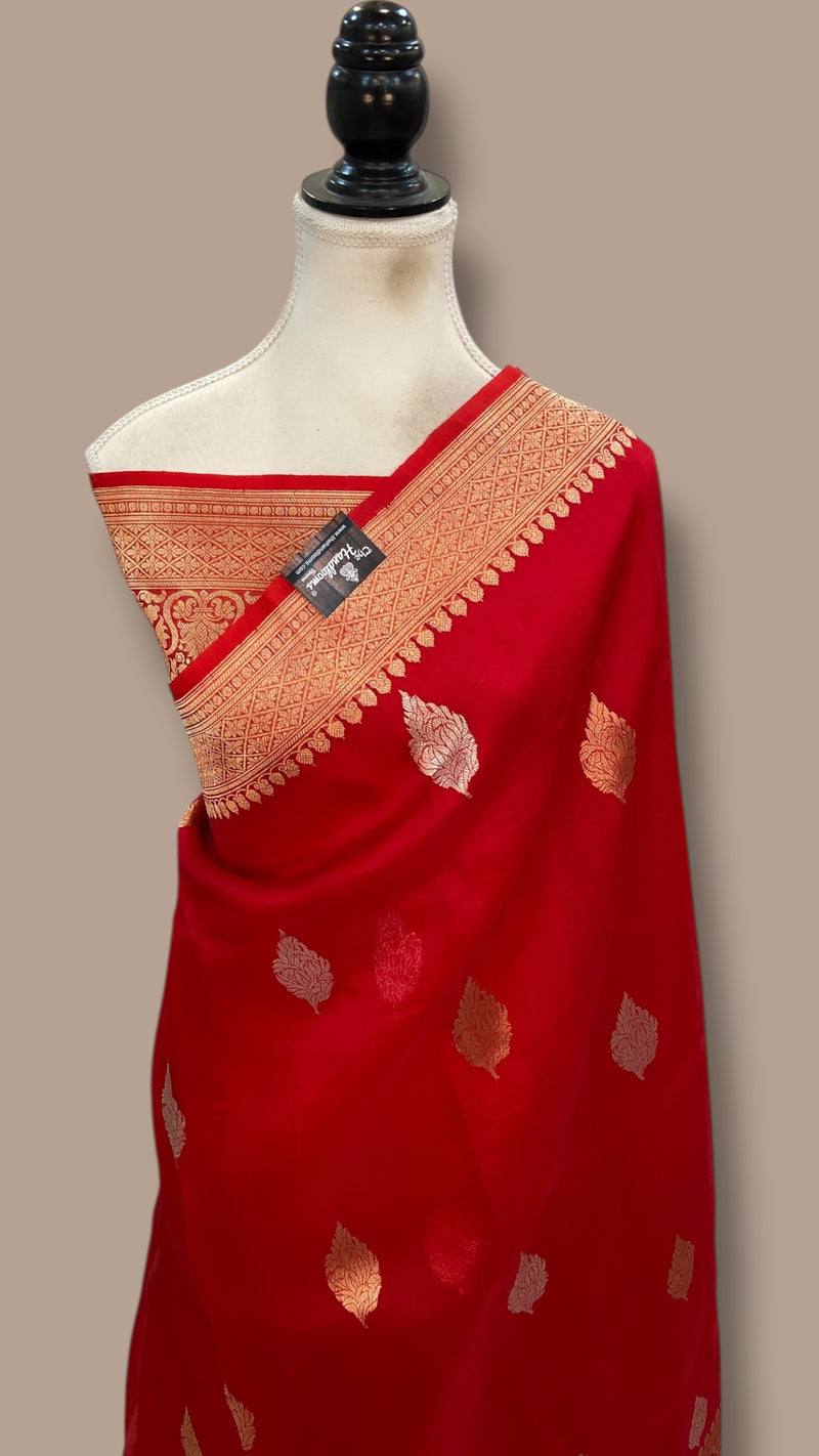 Red Pure Kora Handloom Banarasi Saree - Sona Roopa Alfi Kadua Boota