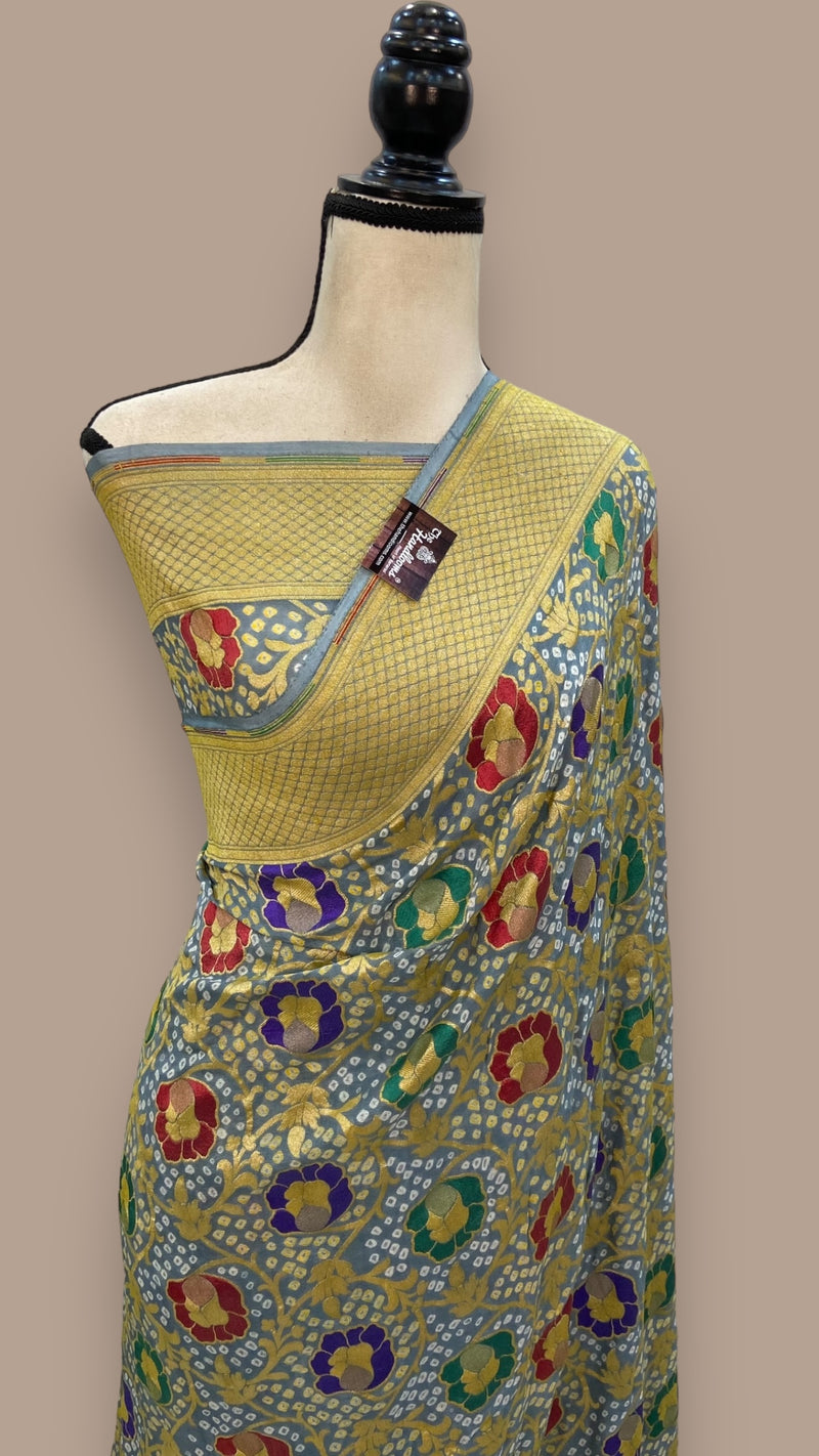 Pure Georgette Banarasi Bandhej Handloom Saree - with meenakari work - The Handlooms