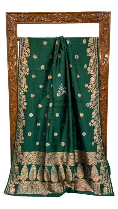 Green Pure Katan Silk Banarasi Handloom Saree - All over Kadua motifs