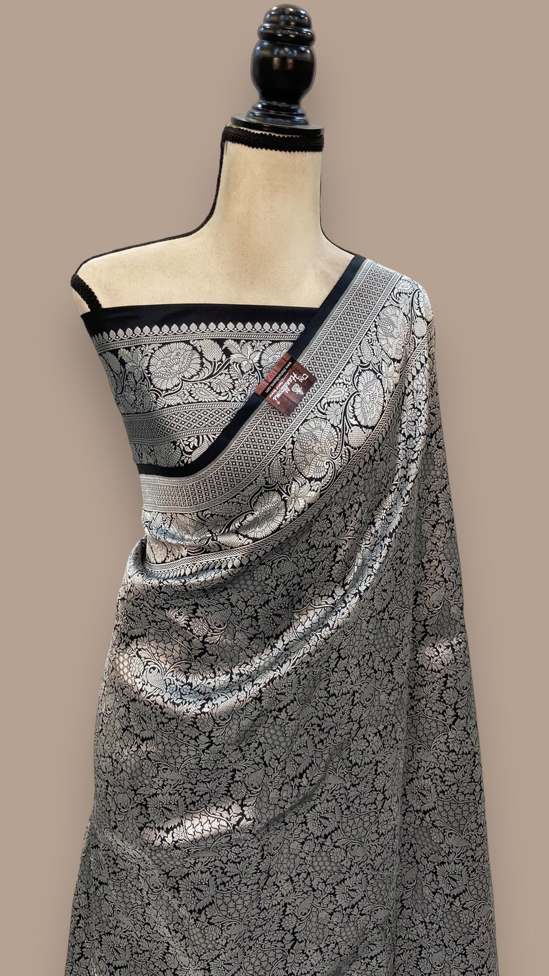 Black Pure Katan Silk Banarasi Handloom Saree - Tanchui Brocade - The Handlooms