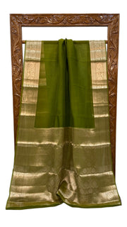 Olive Green Pure Kora Handloom Banarasi Saree - The Handlooms