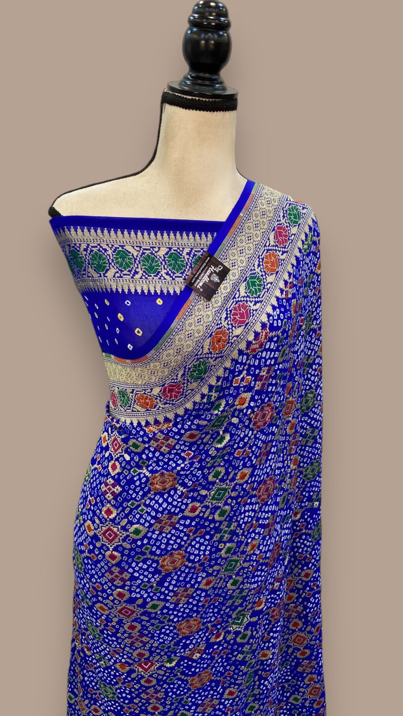 Pure Georgette Banarasi Bandhej Handloom Saree - with meenakari work - The Handlooms