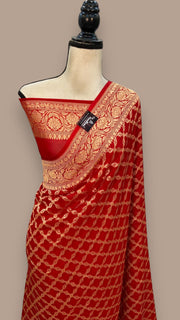 Red Khaddi Georgette Banarasi Saree -  Gold zari - The Handlooms