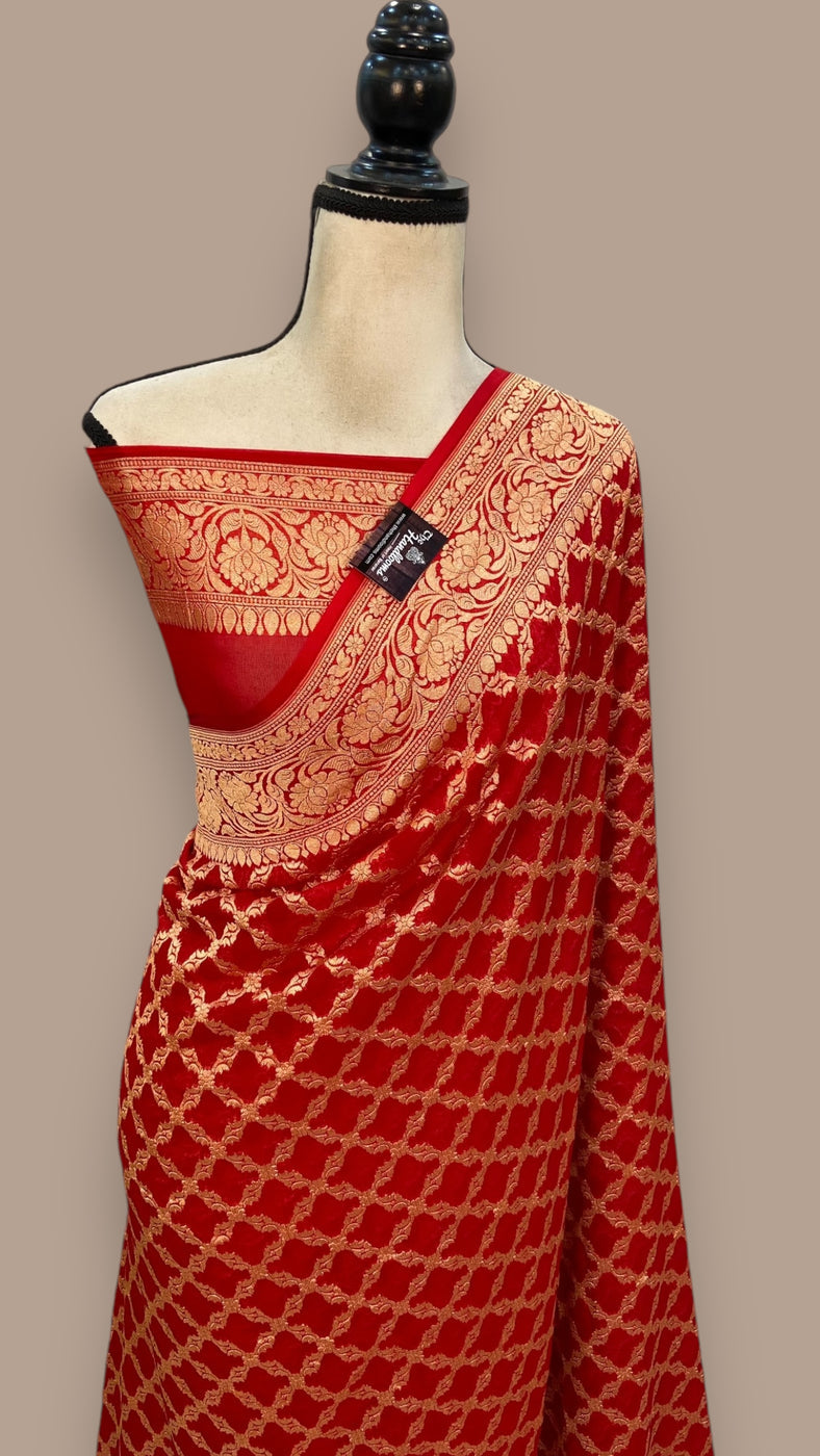 Red Khaddi Georgette Banarasi Saree -  Gold zari - The Handlooms