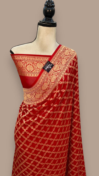 Red Khaddi Georgette Banarasi Saree -  Gold zari