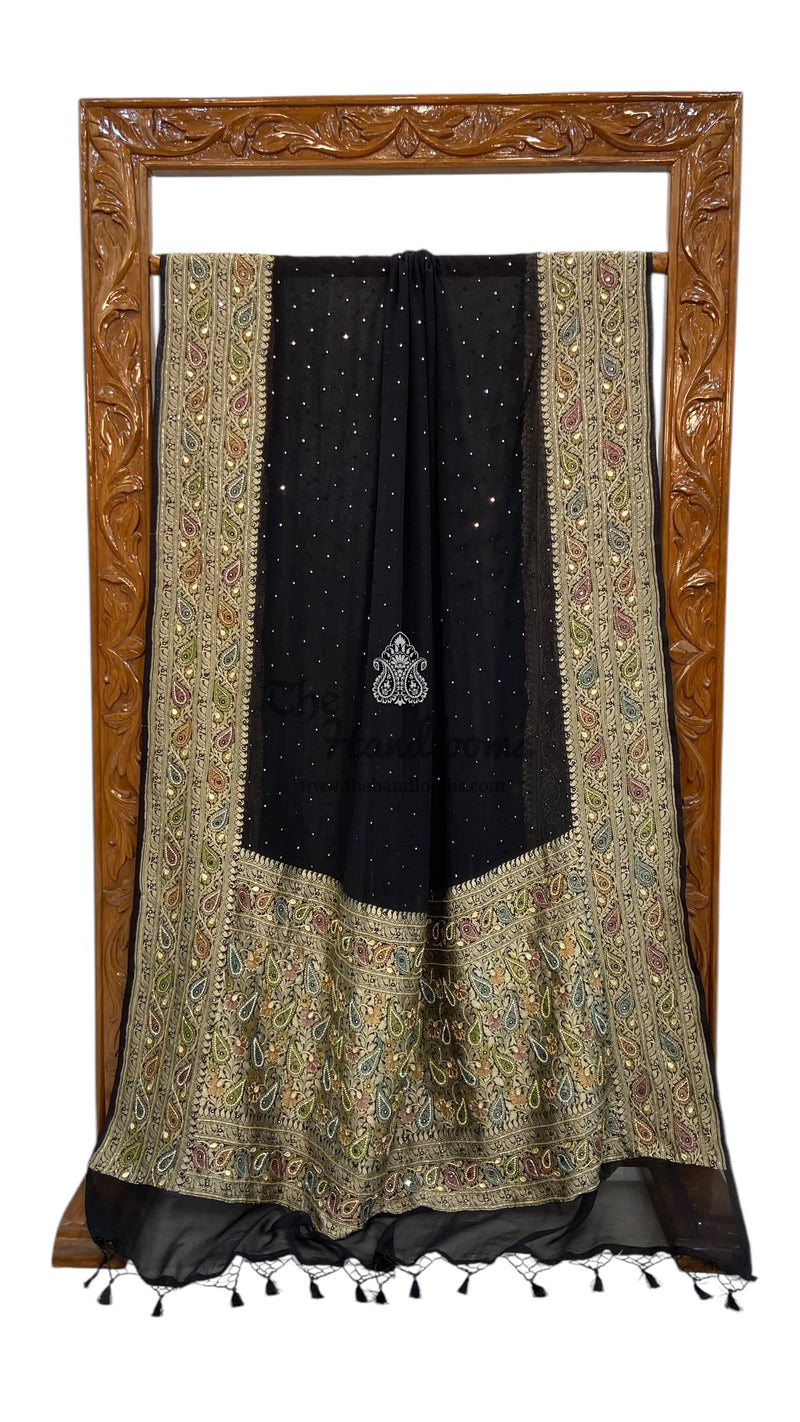 Pat Handwork Black Khaddi Georgette Handloom Banarasi Saree with Handwork: Gota Pat ...