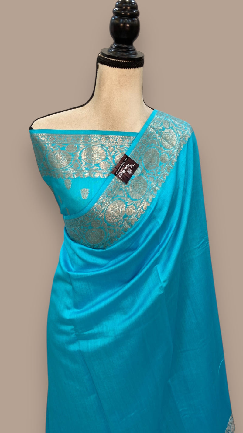 Sky Blue Pure Chiniya Silk Khaddi Handloom Banarasi Saree - The Handlooms