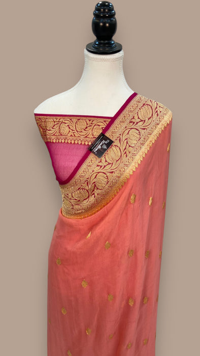 Peach Pure Georgette Handloom Banarasi Saree