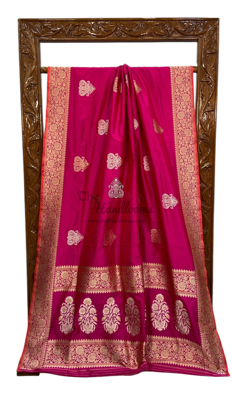 Hot Pink Pure Katan Silk Banarasi Handloom Saree - All over Sona Roopa Kadua motifs - The Handlooms