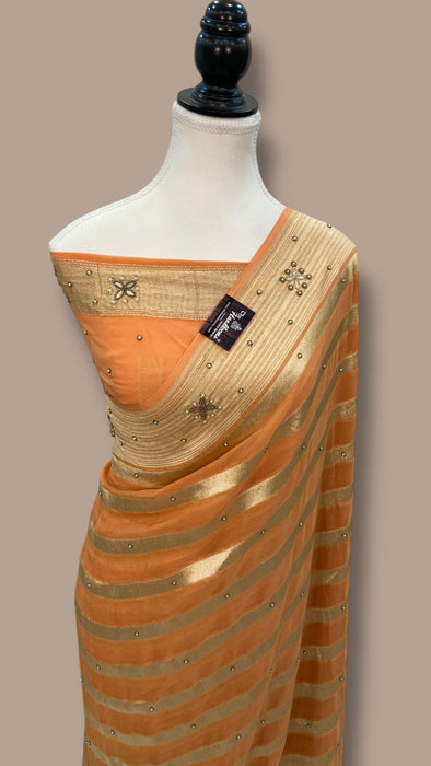 Khaddi Georgette Handloom Banarasi Saree with Handwork: Gota Patti, Zardozi, Diamond Chain, Katdana, and Abla Detailing