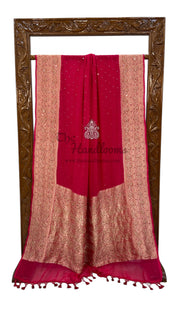 Hot-Pink Khaddi Georgette Handloom Banarasi Saree with Handwork:Katdana, Moti and Abla Detailing - The Handlooms