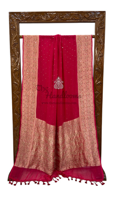 Khaddi Georgette Handloom Banarasi Saree with Handwork:Katdana, Moti and Abla Detailing