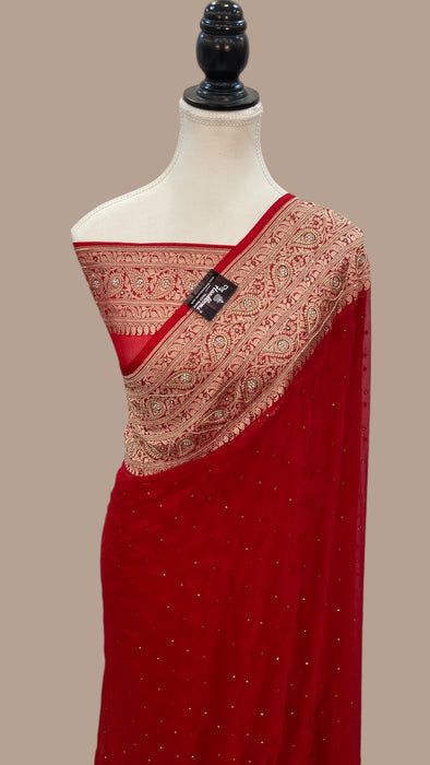 Red Khaddi Georgette Handloom Banarasi Saree with Handwork:Zardozi, Diamond Chain, Katdana, and Abla Detailing