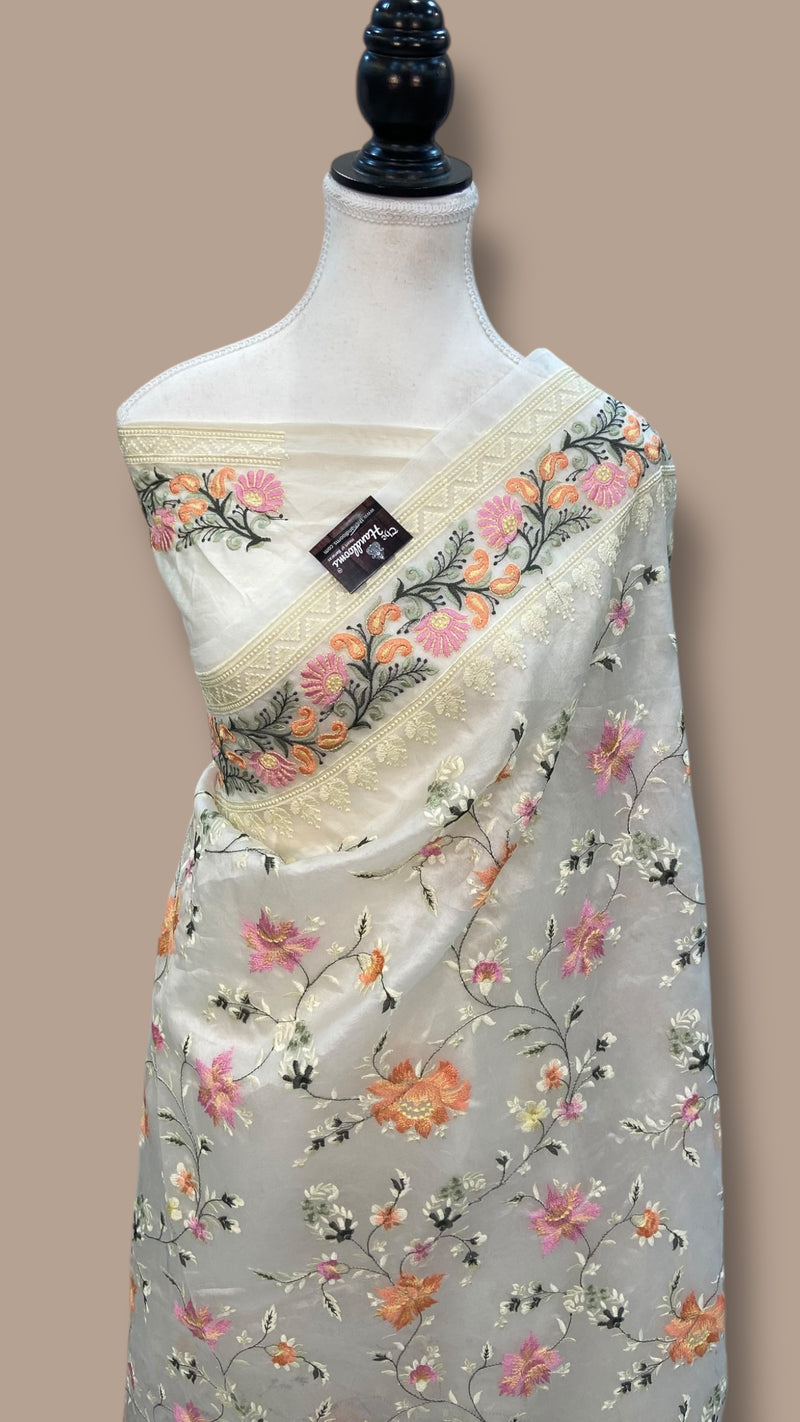 White Pure Organza Chikankari Handloom Banarasi Saree - The Handlooms